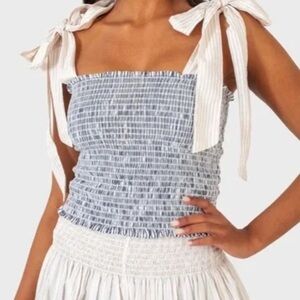 KOCH Smocked Shirred Striped Tie Sleeve Top